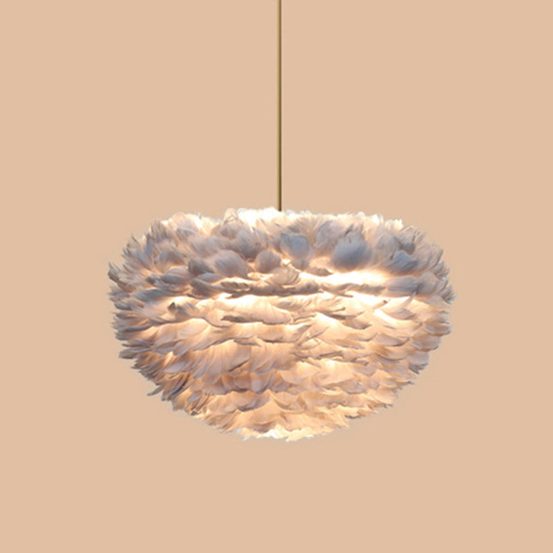 Contemporary Globe Feather Chandelier Lamp Modern White Hand-Woven Feathers Hanging Pendant Light for Bedroom