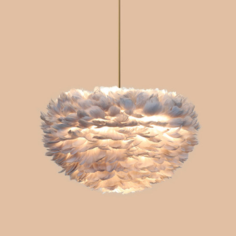 Contemporary Globe Feather Chandelier Lamp Modern White Hand-Woven Feathers Hanging Pendant Light for Bedroom