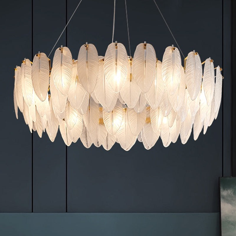 Lampada lampadario di piume di cristallo circolare Modern Crystal Crystal Hanging Lampada con piuma di vetro trasparente.