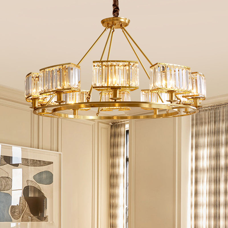 Polished Brass Round Chandelier Lighting Fixtures with 15" Adjustable Cord Modern Clear Crystal Pendant