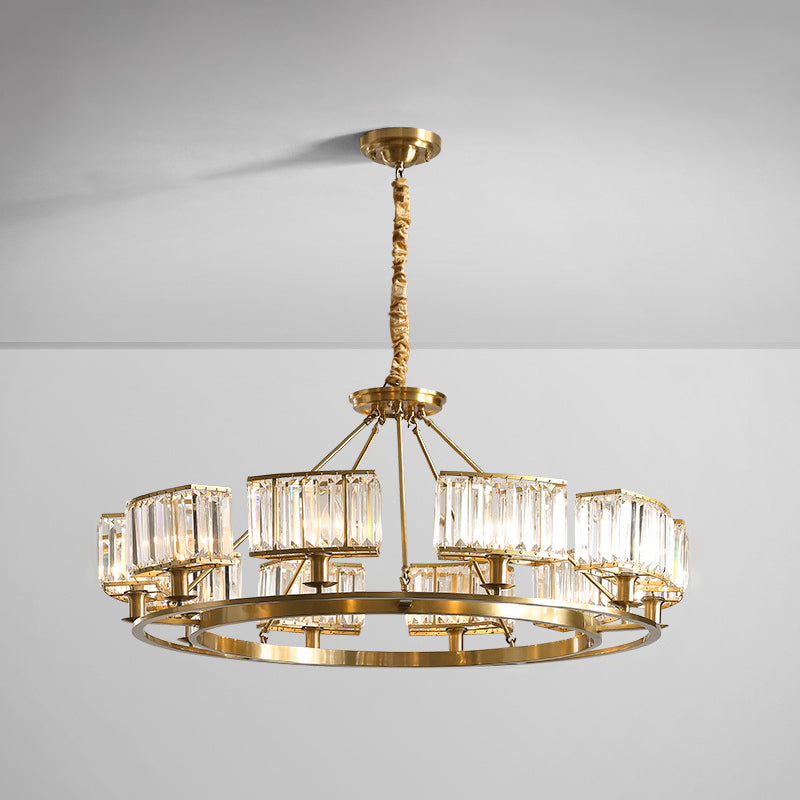 Polished Brass Round Chandelier Lighting Fixtures with 15" Adjustable Cord Modern Clear Crystal Pendant
