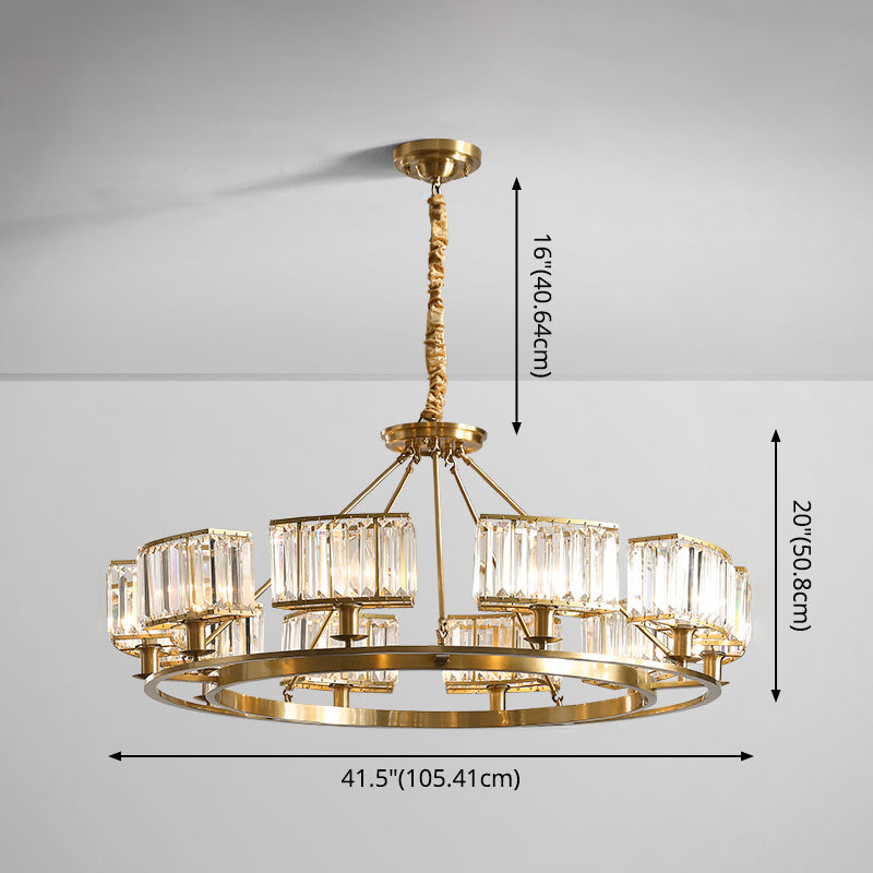 Polished Brass Round Chandelier Lighting Fixtures with 15" Adjustable Cord Modern Clear Crystal Pendant