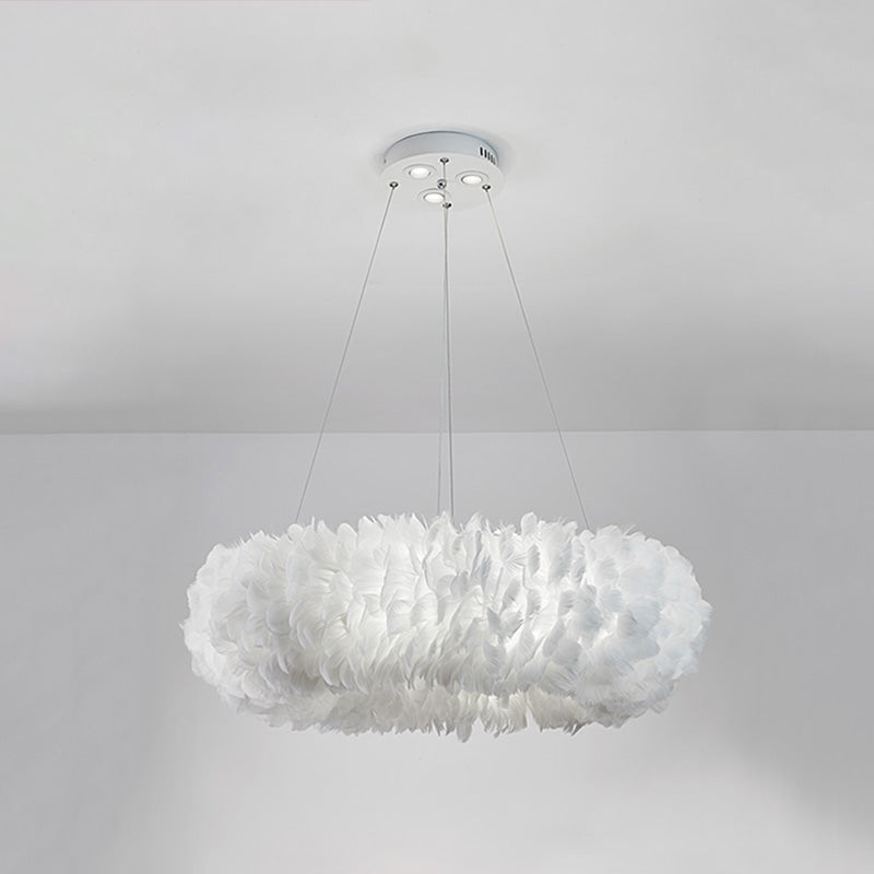 White Doughnut Shape Feather Chandelier Light Modern Style Hanging Pendant Lamp for Bedroom
