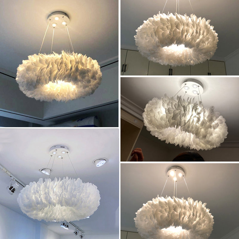 White Doughnut Shape Feather Chandelier Light Modern Style Hanging Pendant Lamp for Bedroom