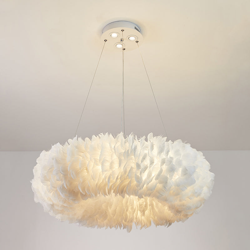 White Doughnut Shape Feather Chandelier Light Modern Style Hanging Pendant Lamp for Bedroom