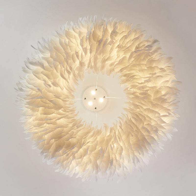 White Doughnut Shape Feather Chandelier Light Modern Style Hanging Pendant Lamp for Bedroom
