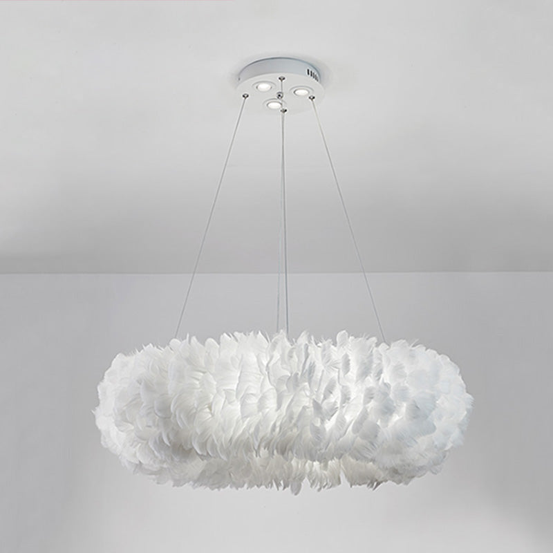 White Doughnut Shape Feather Chandelier Light Modern Style Hanging Pendant Lamp for Bedroom