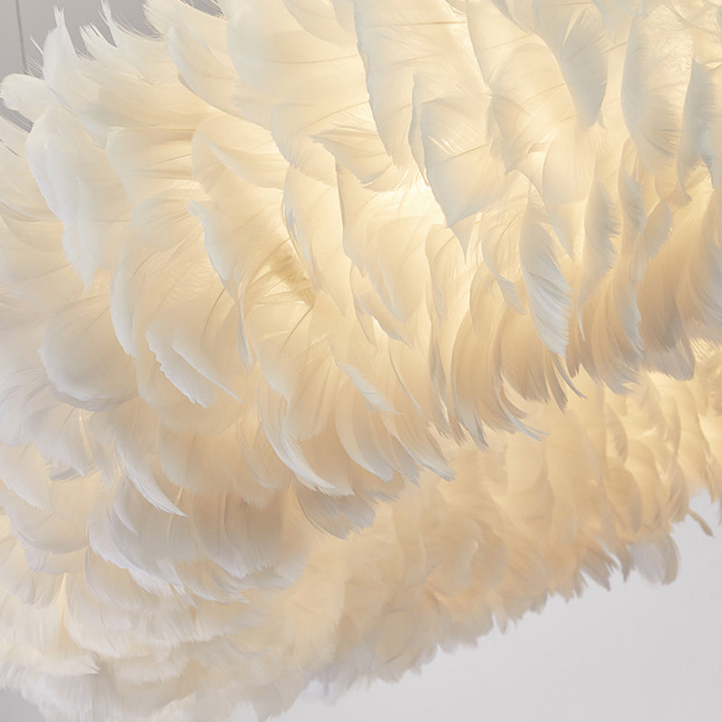 White Doughnut Shape Feather Chandelier Light Modern Style Hanging Pendant Lamp for Bedroom