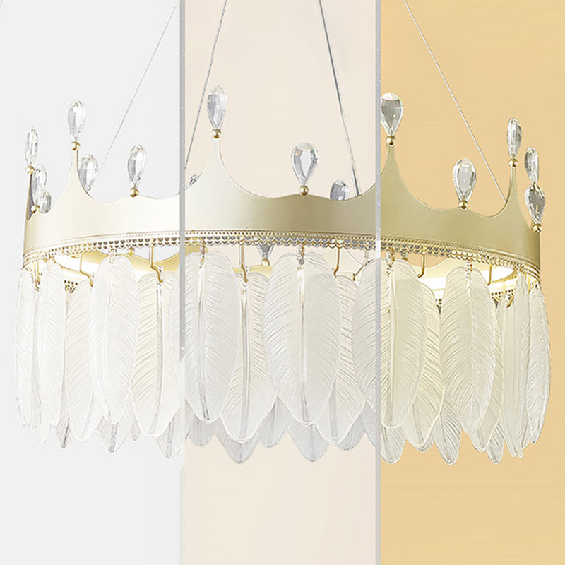 3-Colored LED Crystal Feather Chandelier Lamp Crown Shape Modern Crystal Hanging Chandelier with Clear Glass Feather Lamp Shade
