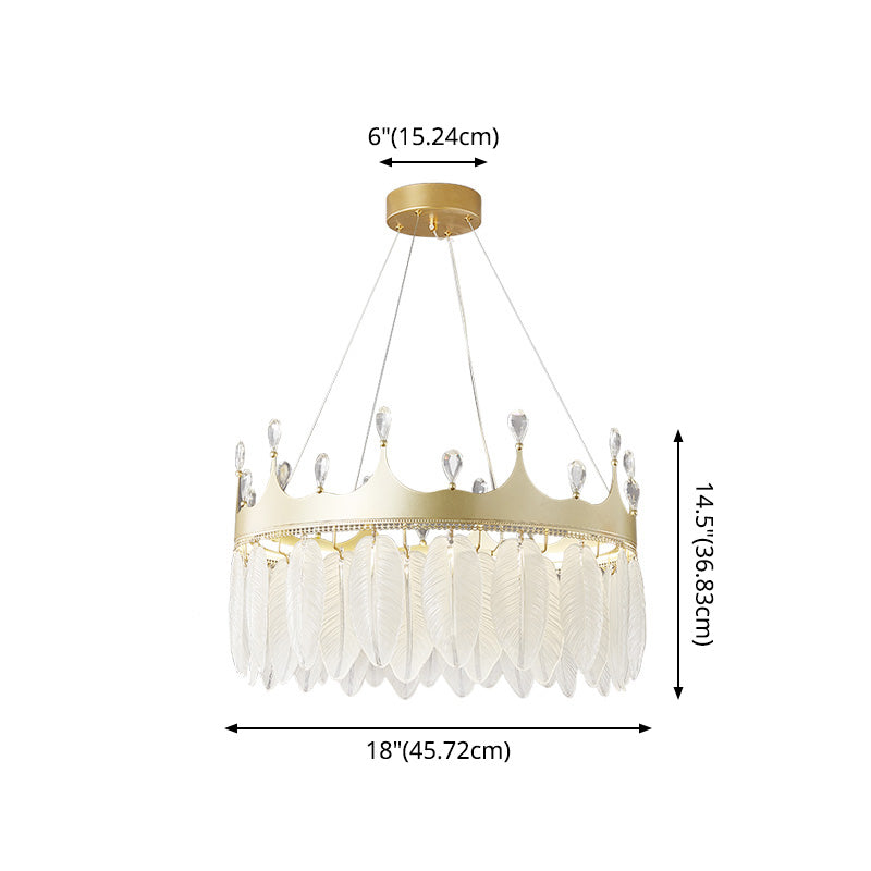 3-Colored LED Crystal Feather Chandelier Lamp Crown Shape Modern Crystal Hanging Chandelier with Clear Glass Feather Lamp Shade