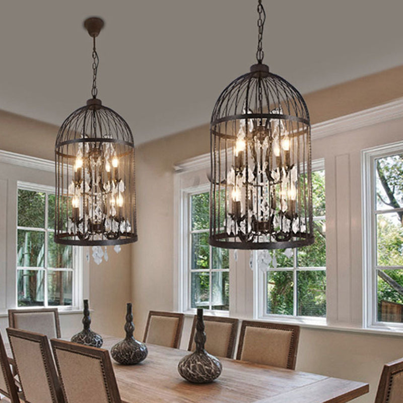 Retro Industrial Style Chandeliers Light Wrought Iron 8-Light Cage Shaped Coffee Shop Hanging Lamp with Crystal Decorative Pendant