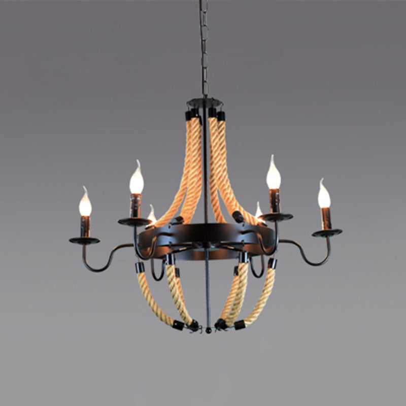 Black Finish Candle Shape Chandelier Light Industrial Rope Style Hanging Pendant Lamp with 39" Adjustable Chain