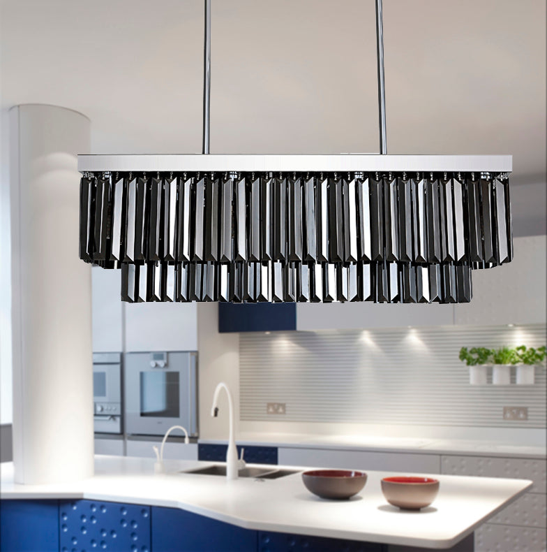 Rectangle Hanging Light Modern Smoke Gray Crystal Block 6/8/10 Heads Dining Room Chandelier Lamp