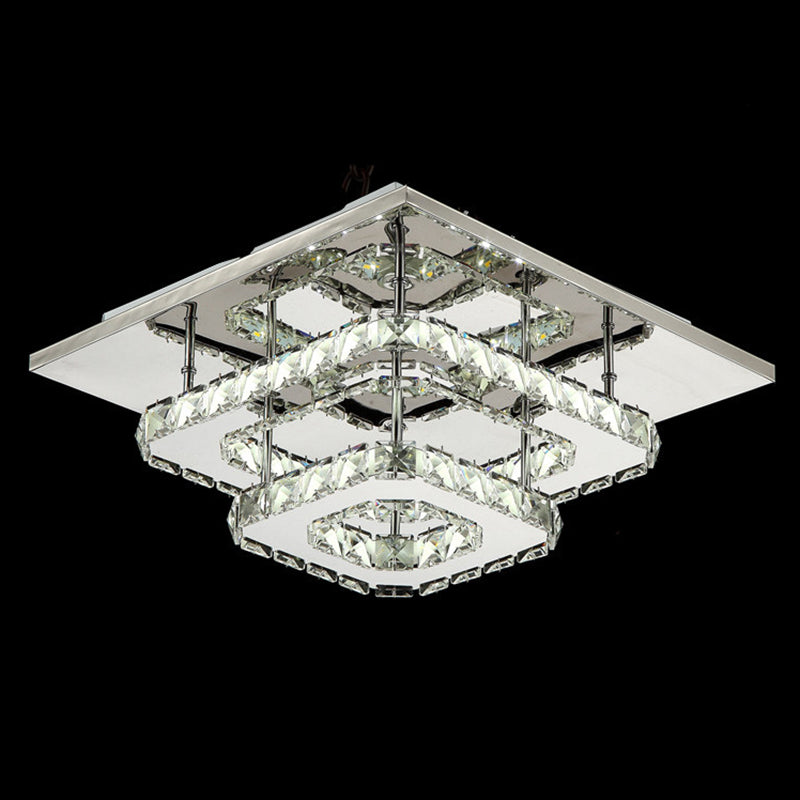 Quad Shaped Crystal Ceiling Light Modern Stainless Steel LED Semi Flush Light for Foyer