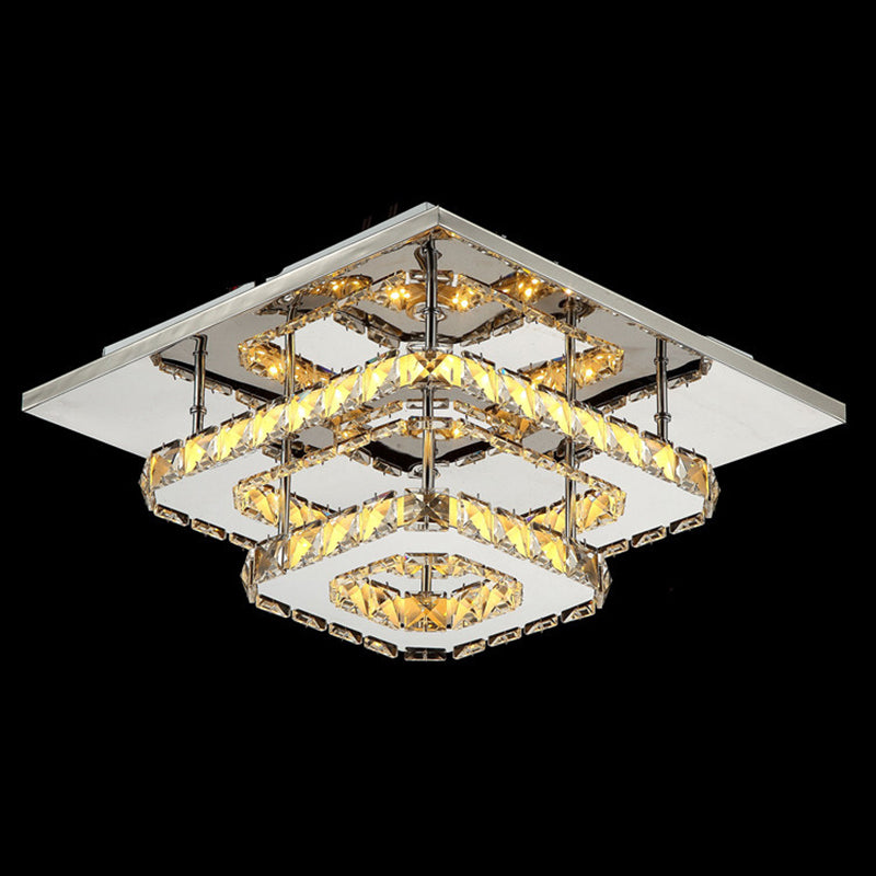 Quad Shaped Crystal Ceiling Light Modern Stainless Steel LED Semi Flush Light for Foyer