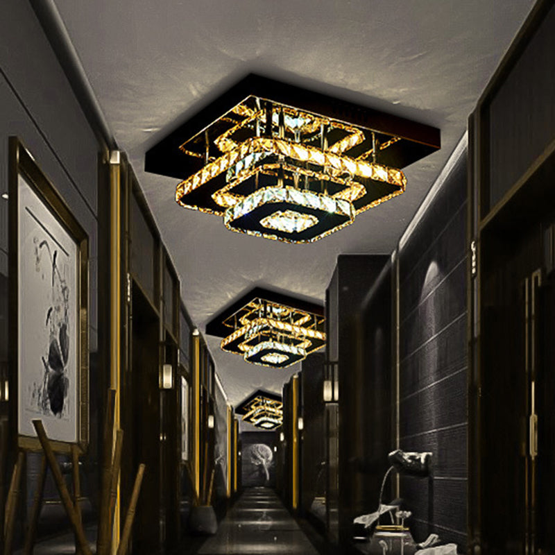 Quad Shaped Crystal Ceiling Light Modern Stainless Steel LED Semi Flush Light for Foyer