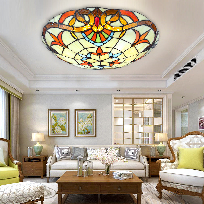 Beige Bowl Flush Light Classic Handcrafted Glass Ceiling Flush Light with Ribbon Pattern