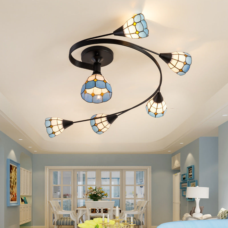 Floral Swirl Semi Flush Light Blue-White Glass Mediterranean Ceiling Light for Living Room