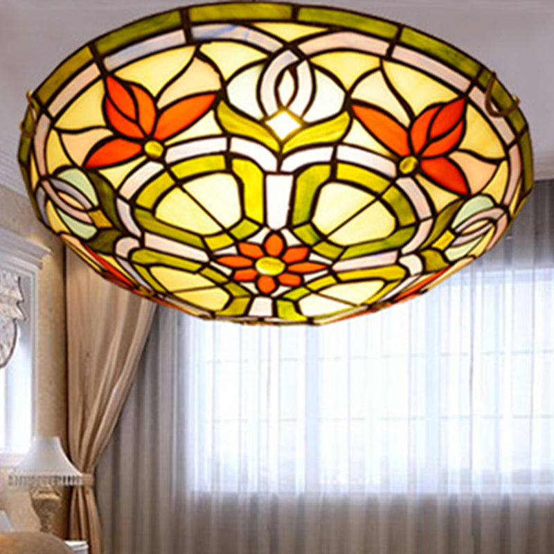 Red Flower Round Flush Mount Tiffany Stained Art Glass Ceiling Light for Bedroom