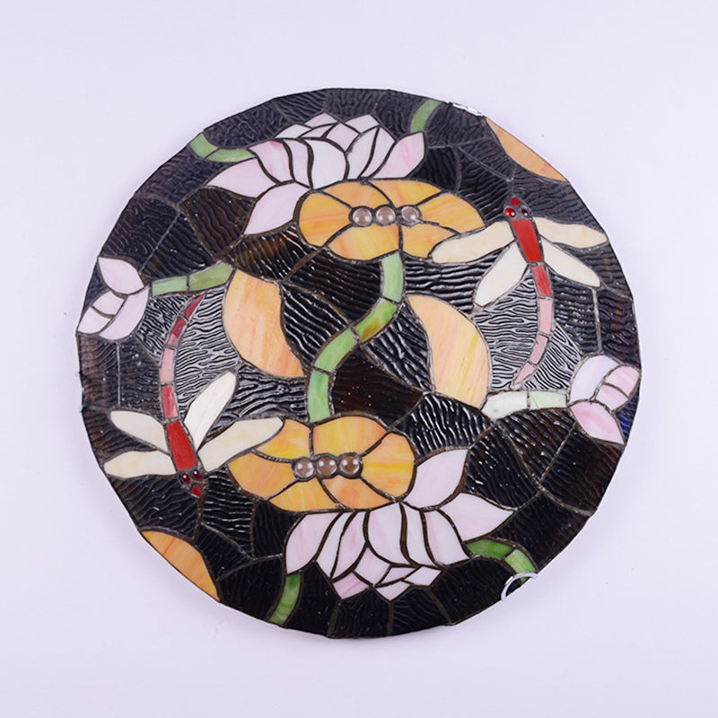 Black Bowl Shaped Ceiling Lamp Tiffany Stained Glass Flush Mount Light with Lotus and Dragonfly Pattern