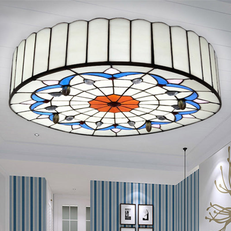 Drum Ceiling Mount Light Mediterranean Stained Glass Flush Mount Fixture for Bedroom