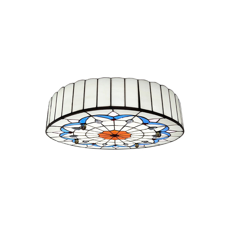 Drum Ceiling Mount Light Mediterranean Stained Glass Flush Mount Fixture for Bedroom