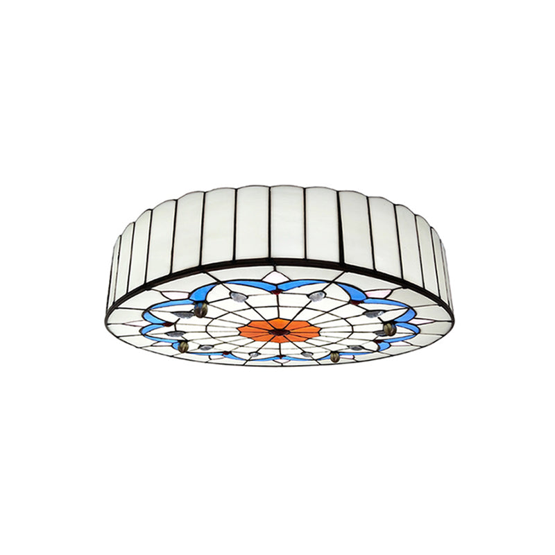 Drum Ceiling Mount Light Mediterranean Stained Glass Flush Mount Fixture for Bedroom