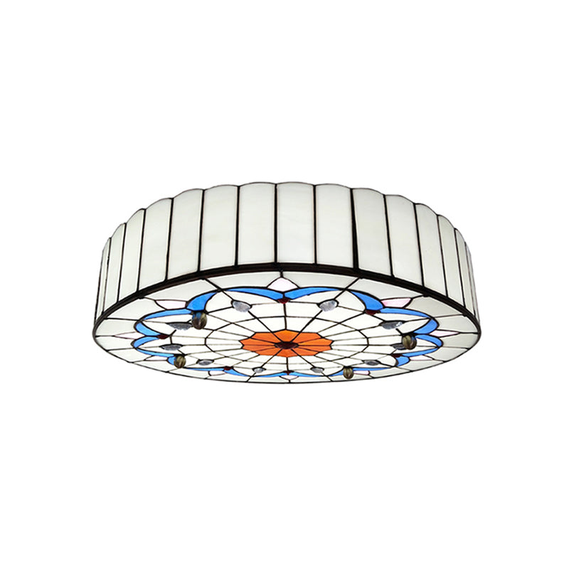 Drum Ceiling Mount Light Mediterranean Stained Glass Flush Mount Fixture for Bedroom