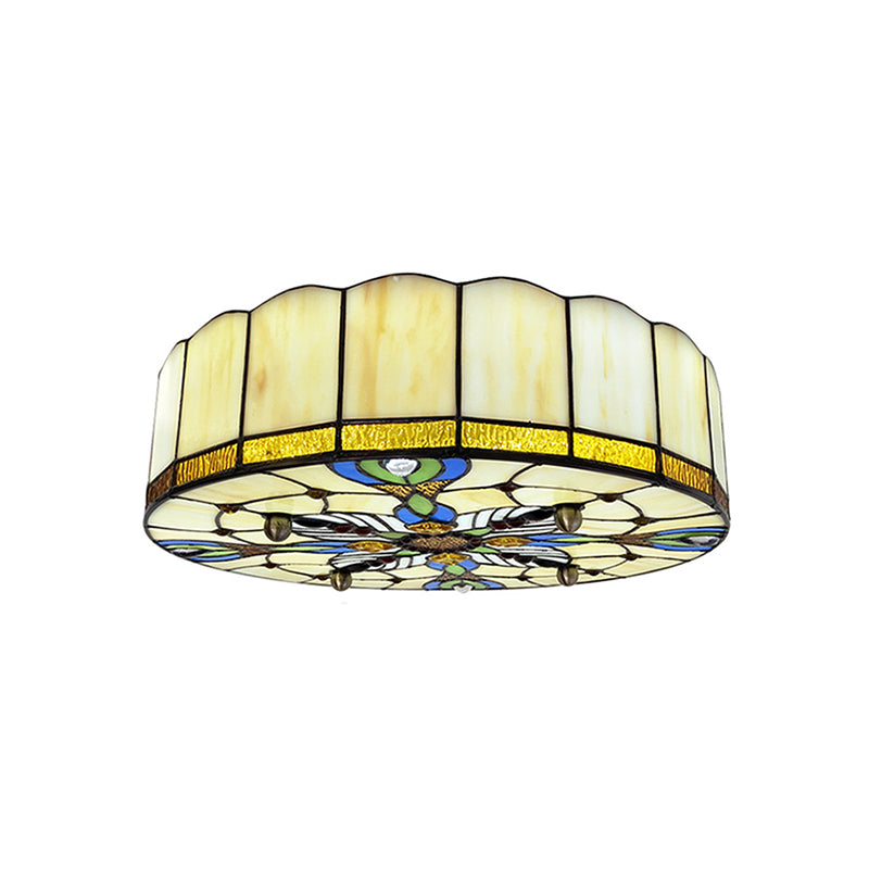 Drum Ceiling Mount Light Mediterranean Stained Glass Flush Mount Fixture for Bedroom