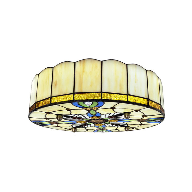 Drum Ceiling Mount Light Mediterranean Stained Glass Flush Mount Fixture for Bedroom