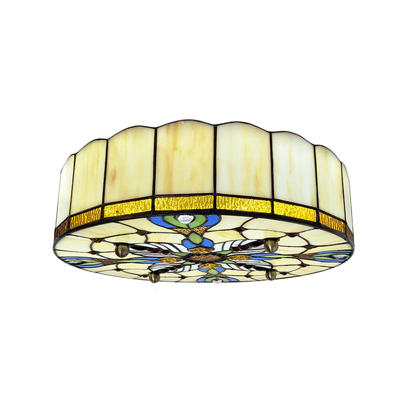 Drum Ceiling Mount Light Mediterranean Stained Glass Flush Mount Fixture for Bedroom