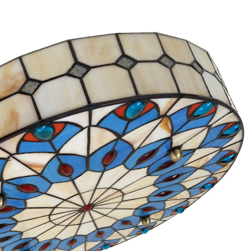 Drum Ceiling Mount Light Mediterranean Stained Glass Flush Mount Fixture for Bedroom