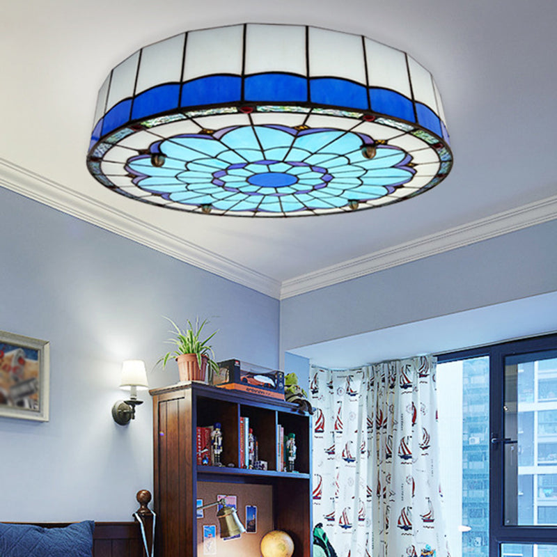 Drum Ceiling Mount Light Mediterranean Stained Glass Flush Mount Fixture for Bedroom