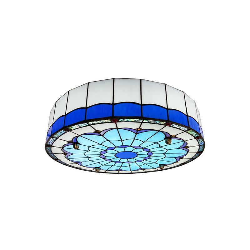 Drum Ceiling Mount Light Mediterranean Stained Glass Flush Mount Fixture for Bedroom