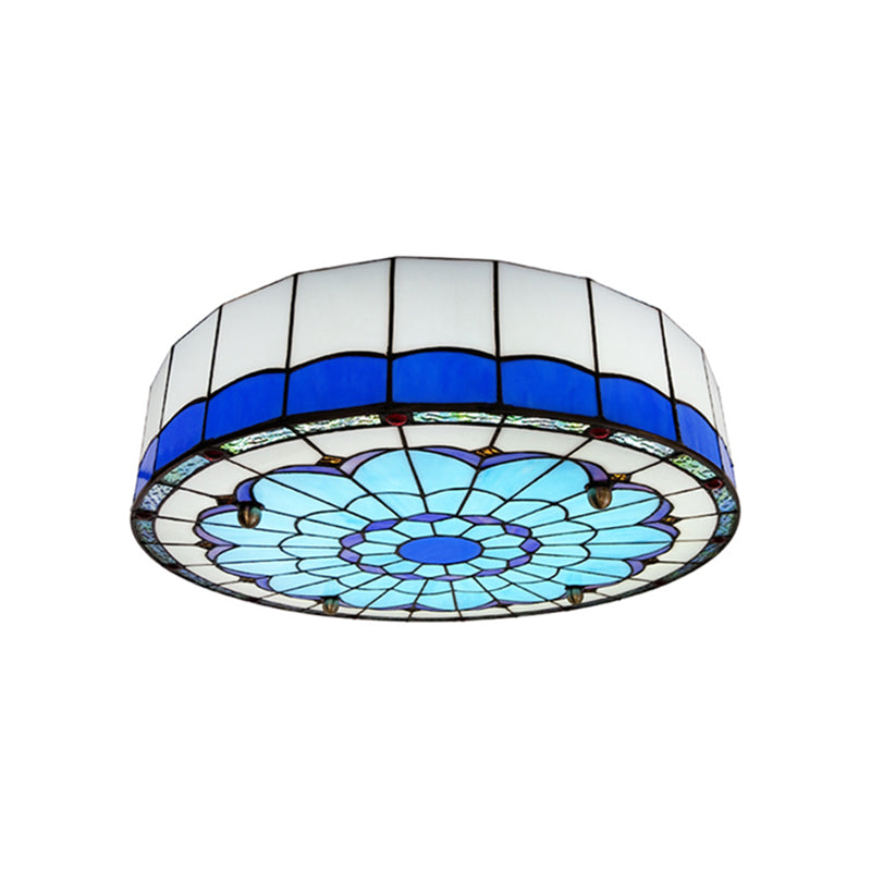 Drum Ceiling Mount Light Mediterranean Stained Glass Flush Mount Fixture for Bedroom