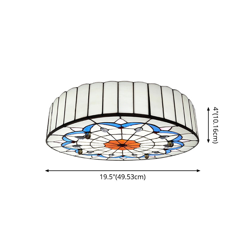 Drum Ceiling Mount Light Mediterranean Stained Glass Flush Mount Fixture for Bedroom