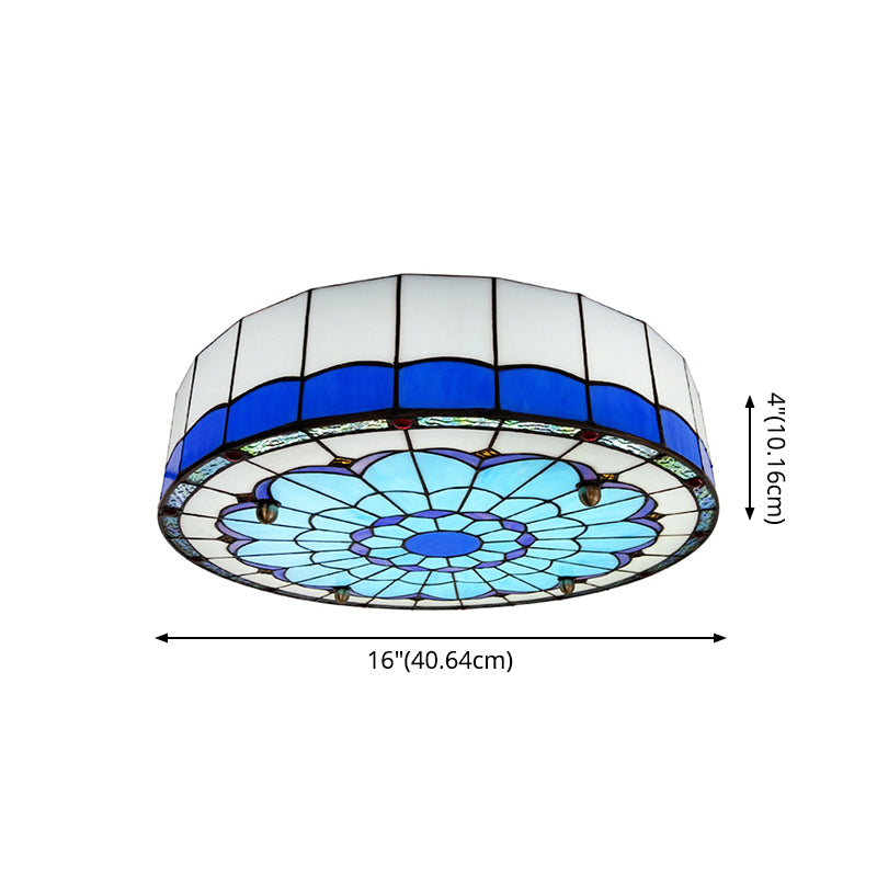 Drum Ceiling Mount Light Mediterranean Stained Glass Flush Mount Fixture for Bedroom