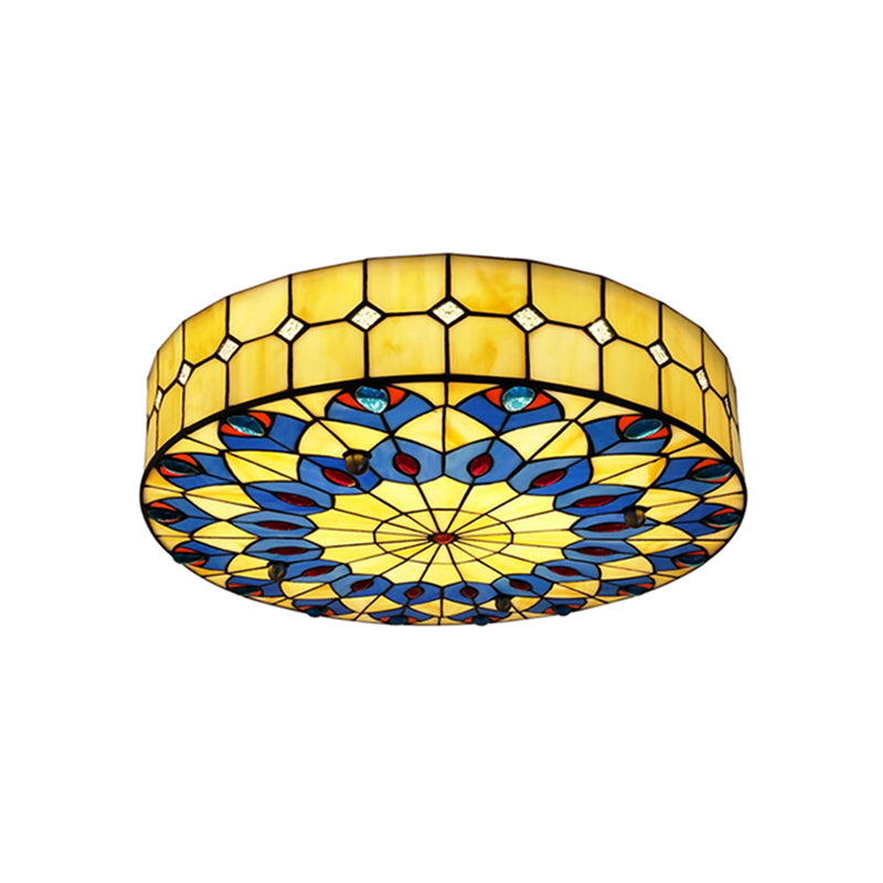 Drum Ceiling Mount Light Mediterranean Stained Glass Flush Mount Fixture for Bedroom