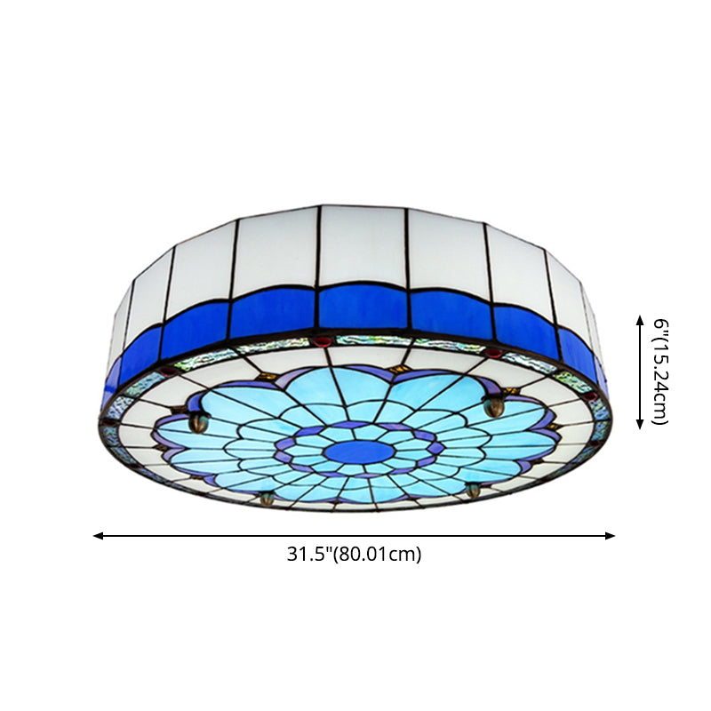 Drum Ceiling Mount Light Mediterranean Stained Glass Flush Mount Fixture for Bedroom