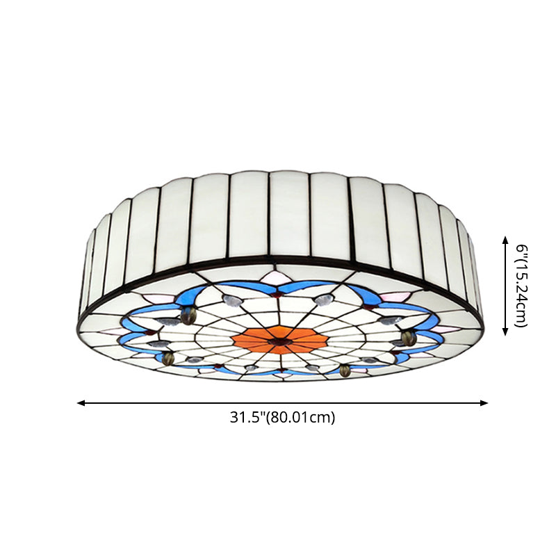 Drum Ceiling Mount Light Mediterranean Stained Glass Flush Mount Fixture for Bedroom