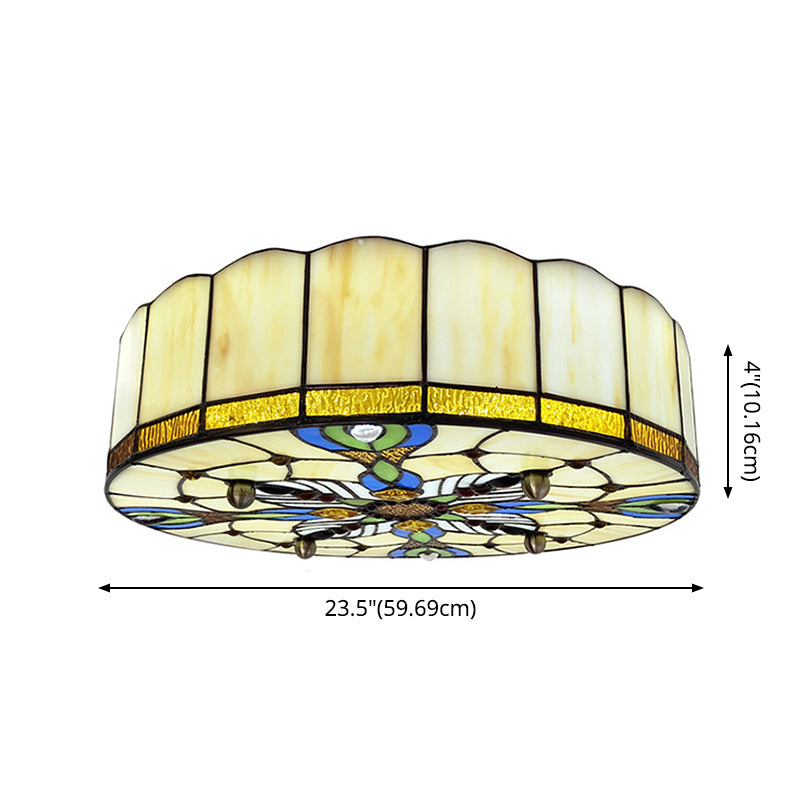Drum Ceiling Mount Light Mediterranean Stained Glass Flush Mount Fixture for Bedroom