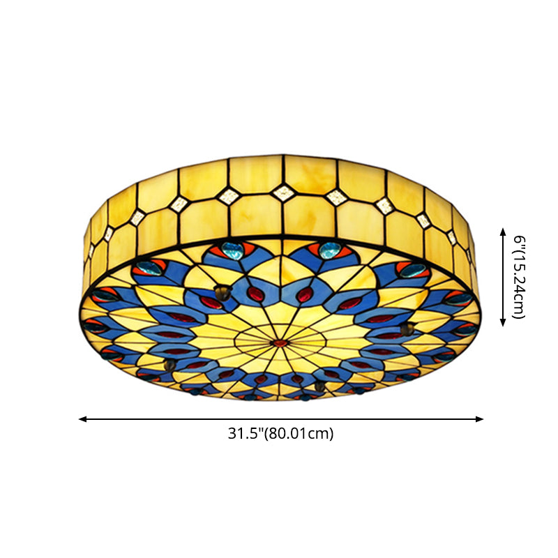 Drum Ceiling Mount Light Mediterranean Stained Glass Flush Mount Fixture for Bedroom