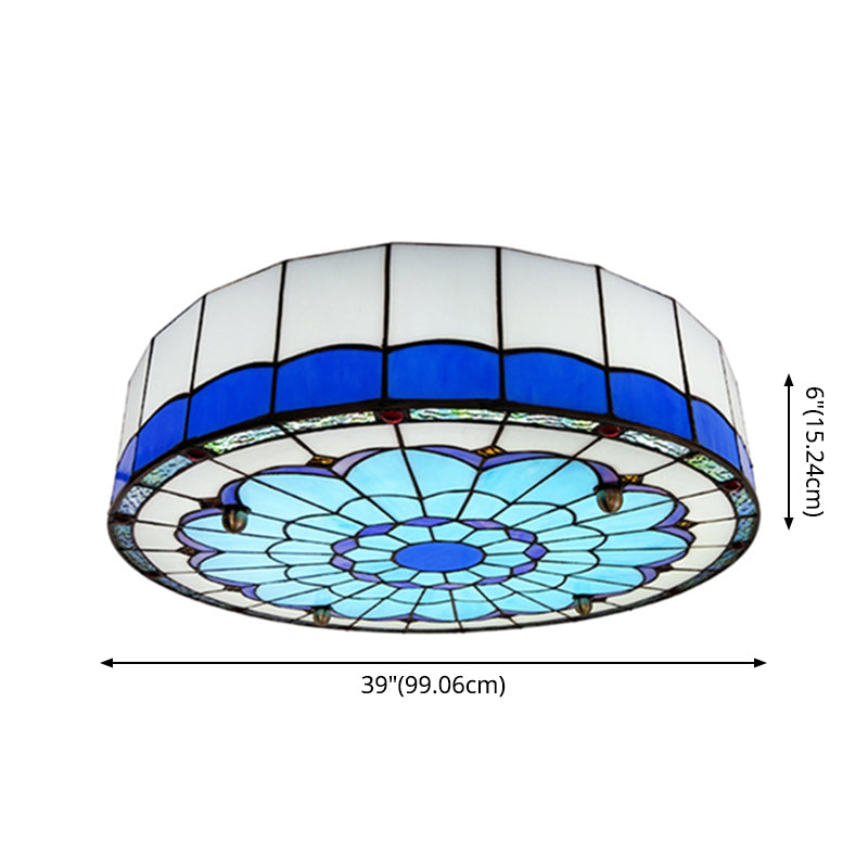Drum Ceiling Mount Light Mediterranean Stained Glass Flush Mount Fixture for Bedroom