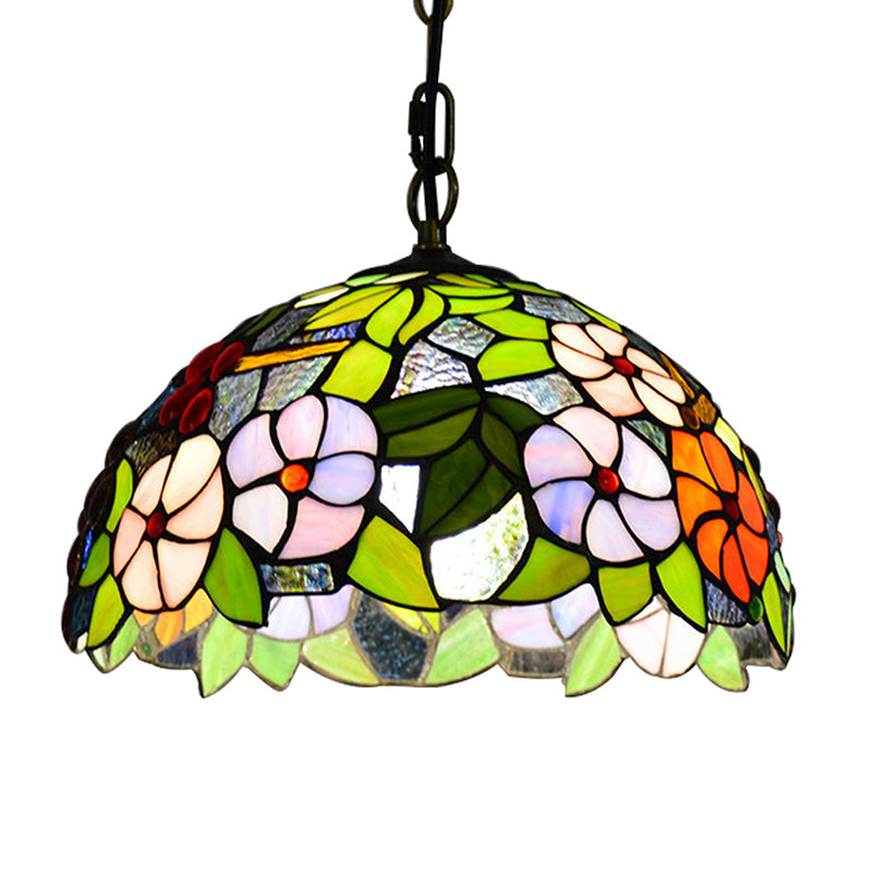 Bowl Pendant Light Tiffany-Style 1 Light Stained Glass Hanging Lamp in Green