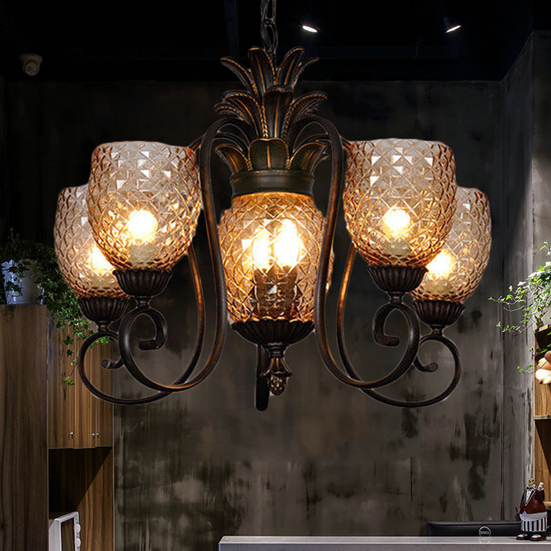 5/7 Lights Bedroom Ceiling Lamp Traditional Black Chandelier Pendant Light with Cup Frosted Prismatic Glass Shade