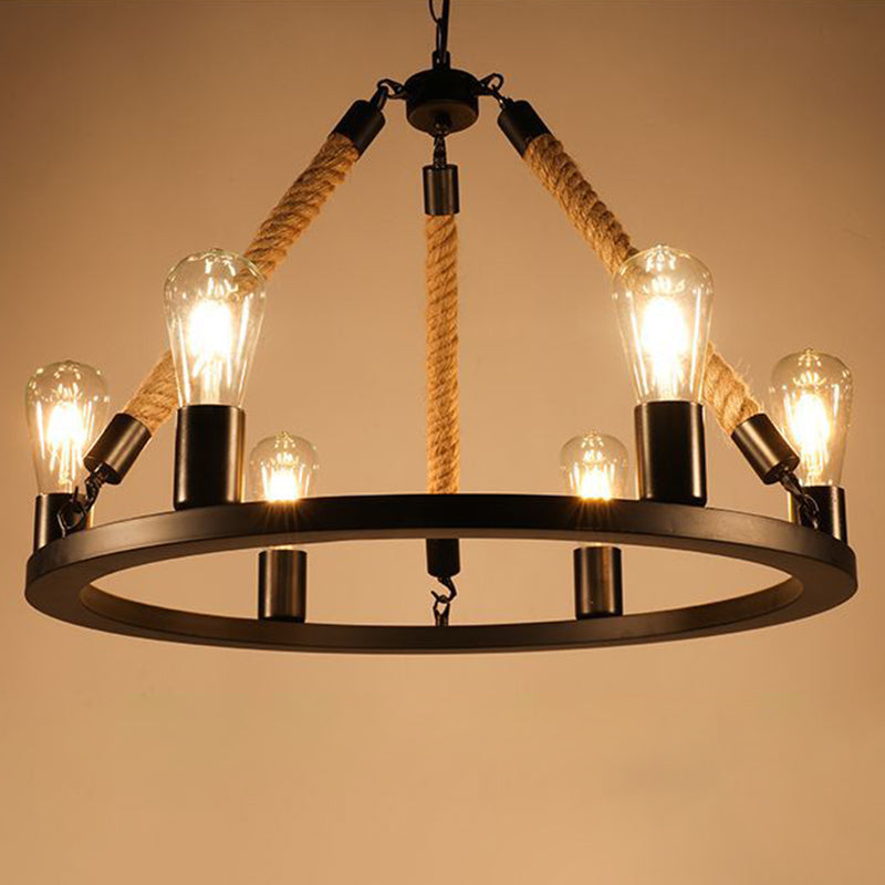 Industrial Art Rope  Hanging Chandelier Light  Circular Black Metal Exposed Bulb Drop Lamp