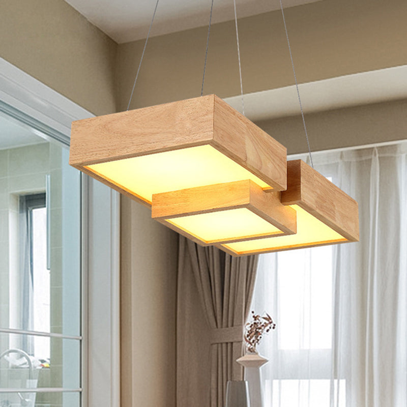 Japanese Style Wooden LED Restaurant Pendant Lighting  Rectangular Solid Wood Island Lamps