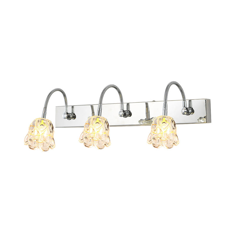 Petal Clear Glass Vanity Light Fixture Modern Stylish 3 Lights Silver Finish Wall Lighting with Gooseneck Arm