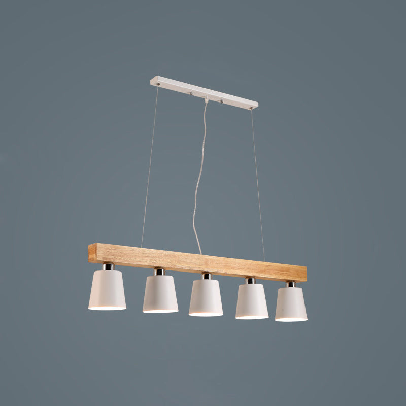 Nordic Modern Wood Island Pendant with Tapered Metal Lampshade Work Room Hanging Lamp
