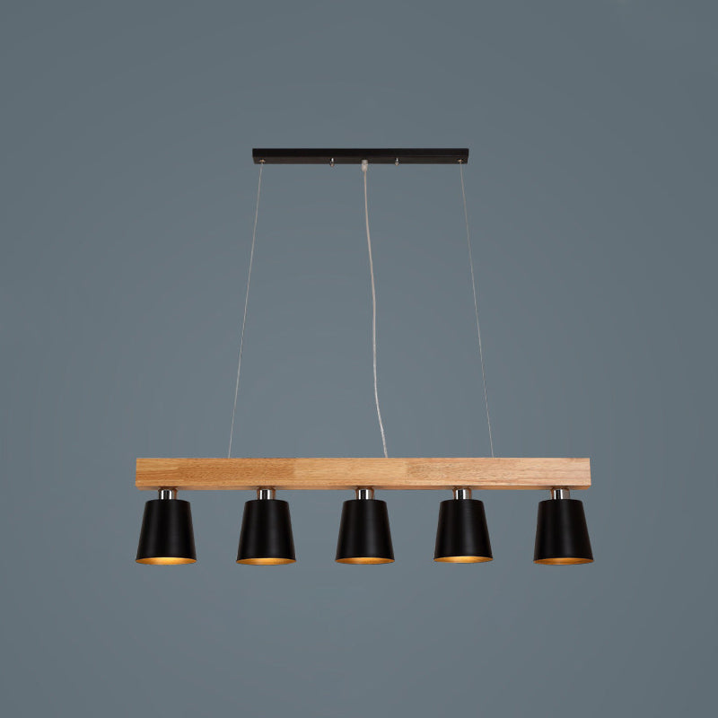 Nordic Modern Wood Island Pendant with Tapered Metal Lampshade Work Room Hanging Lamp